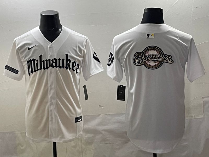 Men 2025 Milwaukee Brewers Blank White Five generations Joint Name Nike MLB Jersey style 04